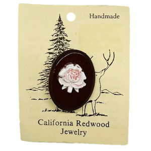 Vintage Handmade California Redwood Jewelry Wood Oval White Pink Rose